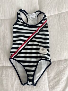 Thom Browne Kids Black White Striped One-Piece Swimsuit with Red Trim.